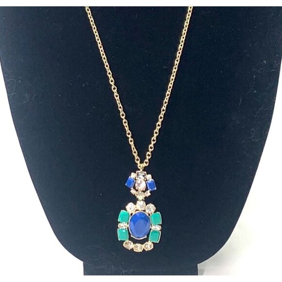 J.Crew Rope Length Beaded Jeweled Necklace Gold Green Blue Clear Crystal 32"L - Picture 2 of 7